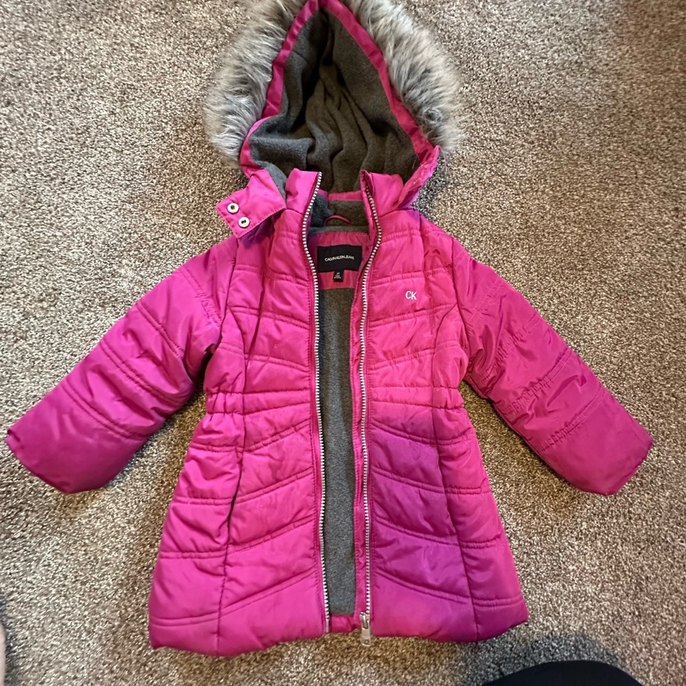 Calvin Klein Fuchsia Hooded Puffer Coat with Faux Fur